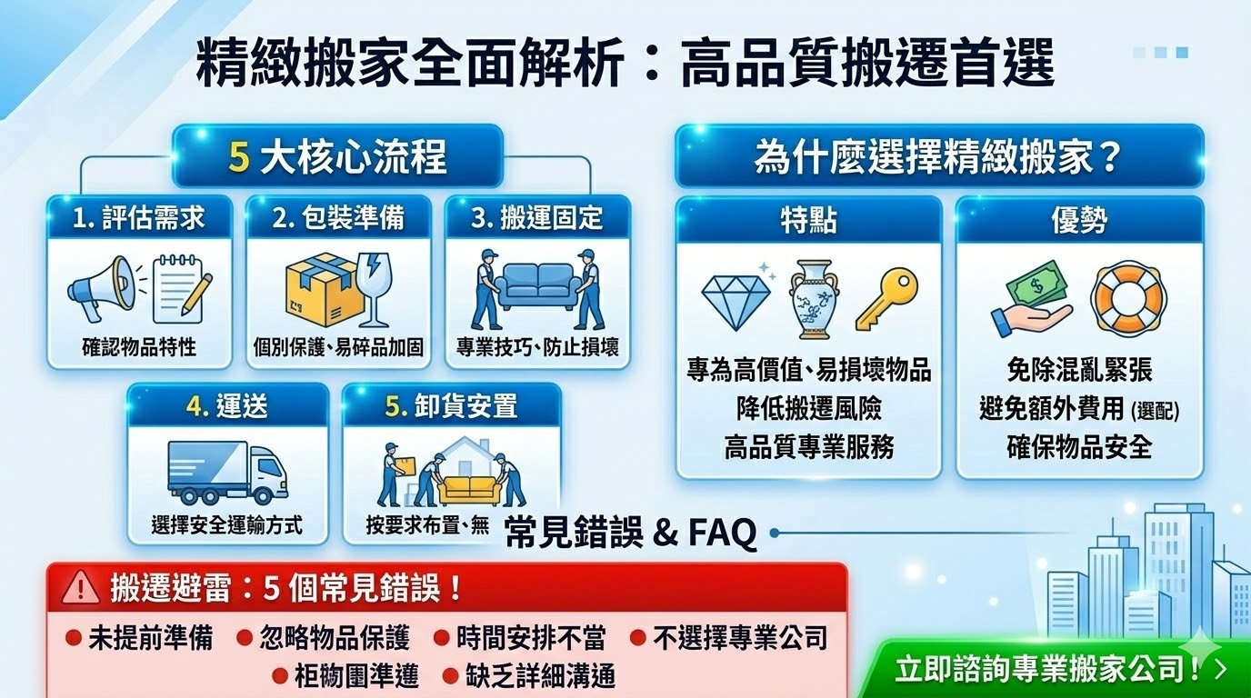 精緻搬家是一項專業的搬遷服務，專為需要高標準搬遷的客戶設計，無論是家庭還是商業搬遷，都提供細緻入微的服務。這項服務強調高品質的包裝、搬運及運送過程，特別適合需要處理高價值、易碎或特殊物品的搬遷需求。選擇精緻搬家，可以有效避免物品損壞或搬遷過程中的不便，讓您的搬遷過程更加順利、無憂。